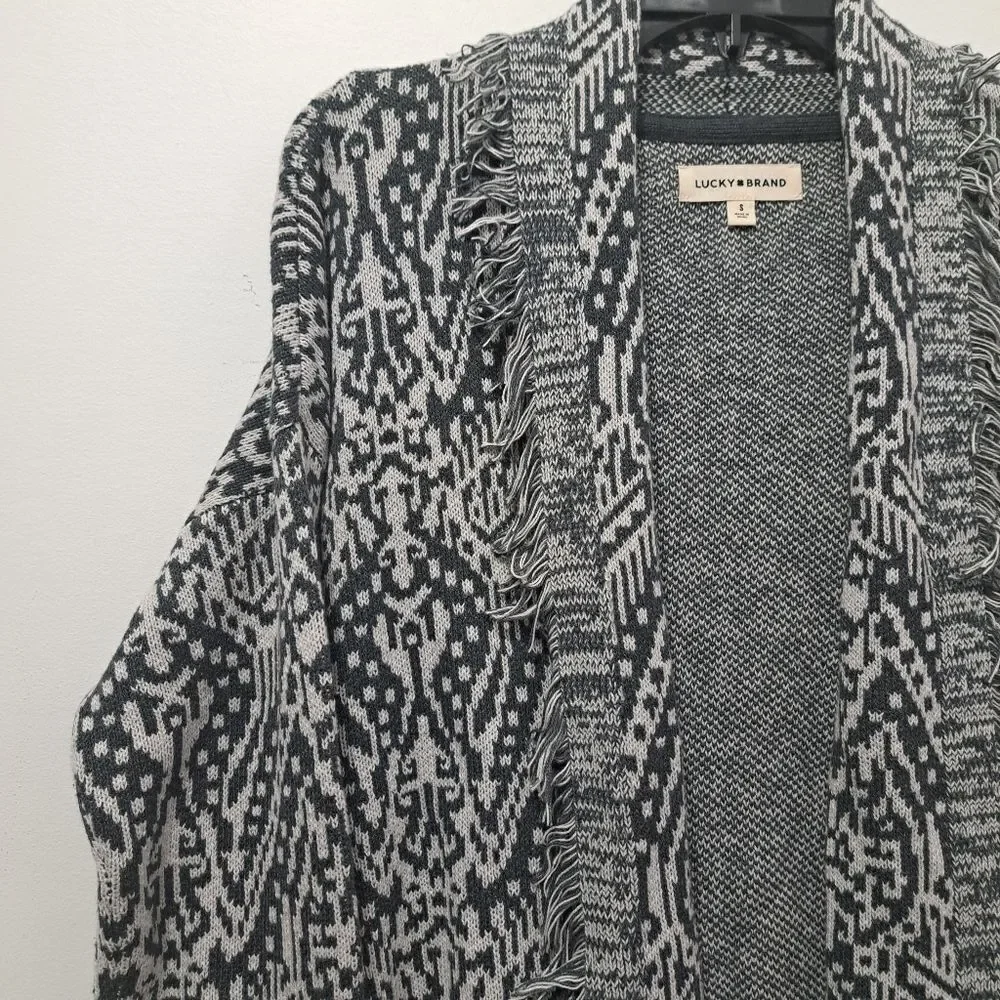 Lucky Brand Shawl Collar Western Boho Open Front Cardigan Small Gray Multi NWT